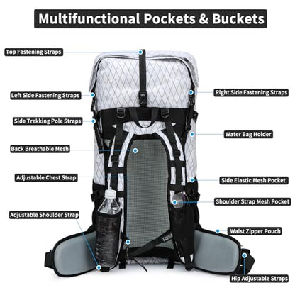 Hiking Backpack,40L to 50L Extra Large Capacity Hiking Bag,Internal Frame Camping Backpack,Upgraded X-PAC Lightweight Sport Daypack Travel Backpack Fit For Mountain Climbing Camping(White) - color: White