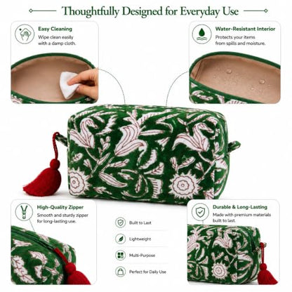 Huar Travel Makeup Bag - Large Capacity Cosmetic Bags for Women - color: Green Lotus