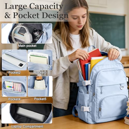 Lightweight College Backpack for Women Men Cute School Bag for Teens Girls Boys High School Backpack for Students Waterproof Casual Daypack Backpack（Milky Blue） - color: A4-milky Blue
