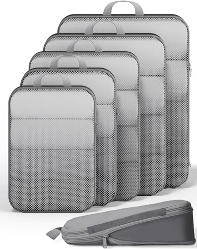 Veken 6/9/11 Set Compression Packing Cubes for Travel Essentials,Compressible Expandable Luggage Suitcase Organizer Bags for Clothing,Space Saver Storage Bags with Over 1000 pcs of Mesh Holes(Gray) - color: Gray, size: 6 set