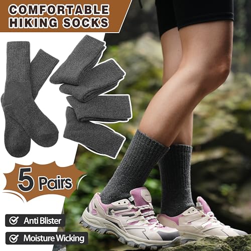MOGGEI 5 Pairs Womens Merino Wool Socks Hiking Warm Winter Thick Thermal Crew Cozy Cabin Ladies Gift Comfy Boot Work Socks - color: Grey