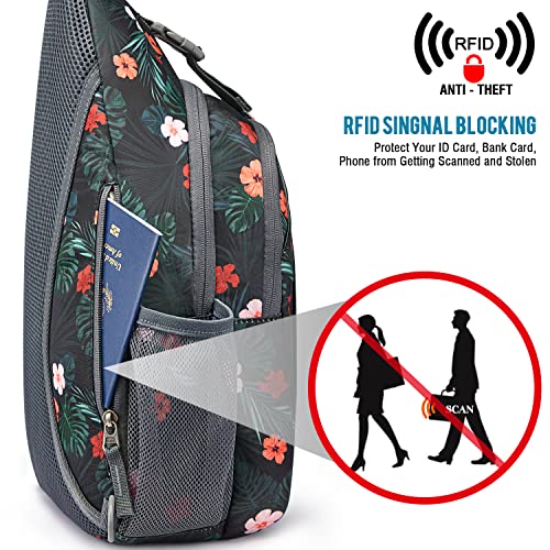 G4Free Sling Bag for Men and Women, RFID Blocking Crossbody Bag, Lightweight Sling Backpack for Travel, Hiking, Walking and Daily Use - color: Black Base Flora