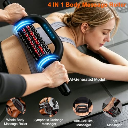 Electric Rolling Massager with Redlight, Rechargeable Lymphatic Drainage Massager for lymphedema, Muscle recovery Roller with Hands-Free Base, 6-Speed Massage Roller Tool for Arm, Legs, Calf, Foot