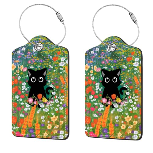 2 Pcs Luggage Tags for Suitcase, Cute Unique PU Leather Travel Bag Tag with Privacy Cover ID Label Address Card and Durable Metal Ring Suitable for Men Women Children Backpack,Black Cat On A Flower - color: Black Cat on a Flower