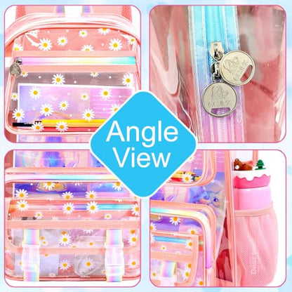 KLFVB Clear Backpack Heavy Duty, 3PCS Girls See Through School Bag Set, Cute Transparent Bookbag for Women - Chrysanthemum Pink - color: Chrysanthemum Pink Clear Backpack