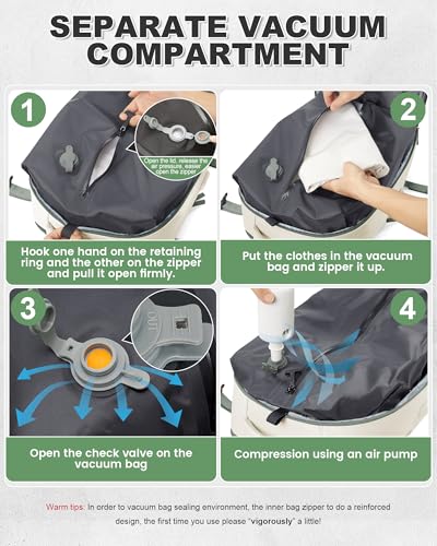 Vacuum Backpack Travel with Pump Carry on Luggage Flight Approved Essentials Personal Item Travel Bag with Vacuum System Waterproof Compression Backpack for Women Men Mochila de Viaje Beige Green - color: A10-beige Green