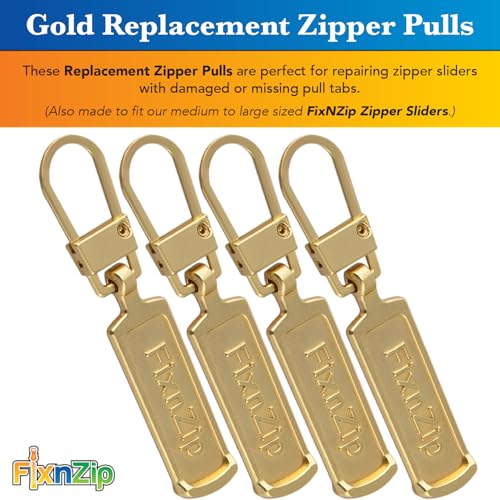 FixNZip Medium to Large Gold Zipper Pull Replacements (4-Pack) | Universal Clip-On Pull Tabs for Zipper Repair, Sliders & Luggage, Jackets, Backpacks, Tents, Sleeping Bags & Outdoor Gear - color: Gold