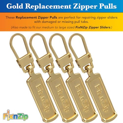 FixNZip Medium to Large Gold Zipper Pull Replacements (4-Pack) | Universal Clip-On Pull Tabs for Zipper Repair, Sliders & Luggage, Jackets, Backpacks, Tents, Sleeping Bags & Outdoor Gear - color: Gold