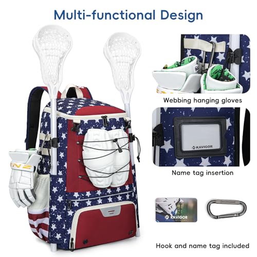 KAVIGOR Lacrosse Bag 65L, Extra Large Lacrosse Gear Backpack with Multi-Pocket Design, Helmet Holder & Ventilated Shoe Compartment - color: Red White & Blue