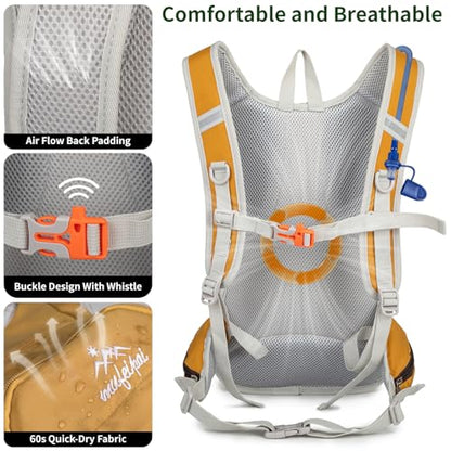 Hydration Backpack with 2L Water Bladder - 20L Water Backpack for Hiking, Cycling, Running, Biking, Lightweight Hiking Pack Bag for Women & Men with Trekking Pole Holders - color: yellow with 2L water bladder