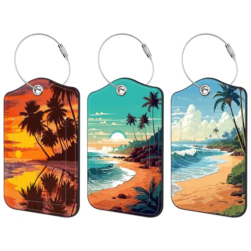 Beach Palm Trees Luggage Tag for Suitcase 3 Pack Leather Luggage Tag with Privacy Flap Name ID Label and Metal Loop for Women Men Travel - color: Beach Palm Trees