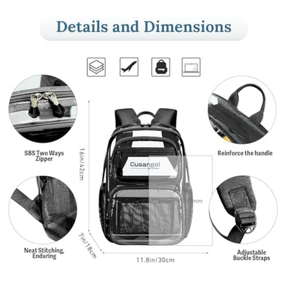 Cusangel Large Clear backpack for girls,16in TPU Plastic Bookbag,Stadium,school, and other security check locations (Black) - color: Black-c-16in