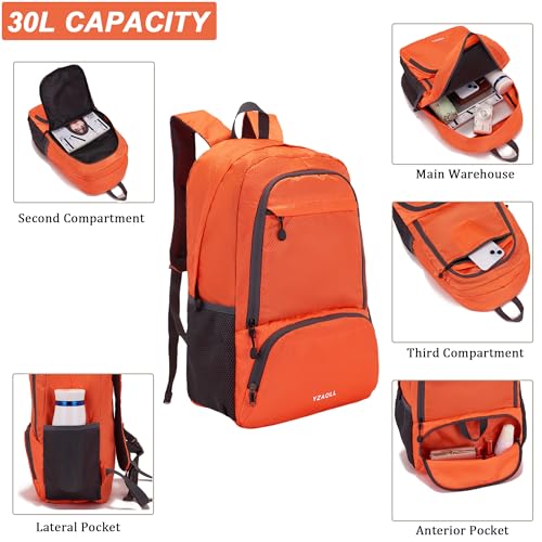 YZAOLL 30L Hiking Backpack Lightweight Day Packs, Packable Backpack for Women Men Travel Camping Vacation,Orange - color: E-lorange