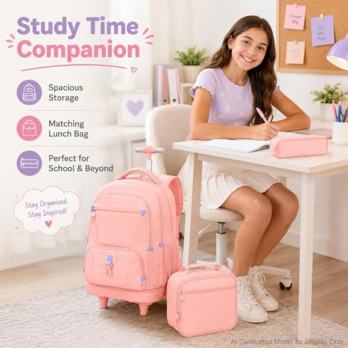 CCJPX 3Pcs Women & Girls Rolling Backpack with Bigger Wheels, Extra-Large Wheeled Bookbag with Lunch Box, Water Resistant Extra-Large Roller Luggage for Travel, Work, College (Pink) - color: Pink(upgrade Large Wheel)