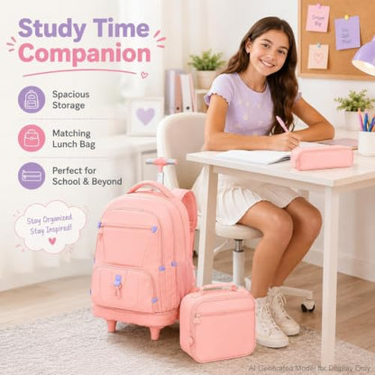 CCJPX 3Pcs Women & Girls Rolling Backpack with Bigger Wheels, Extra-Large Wheeled Bookbag with Lunch Box, Water Resistant Extra-Large Roller Luggage for Travel, Work, College (Pink) - color: Pink(upgrade Large Wheel)