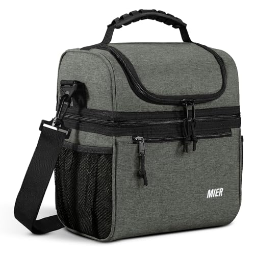 MIER Insulated Lunch Box Bags for Men Women, Dual Compartment, Grey | Leakproof Lunchbox Cooler, Work, Travel, Park Trip, Side Mesh Pockets, Adjustable Shoulder Strap, Zipper Pockets, Durable - color: Greenish Grey, size: Medium