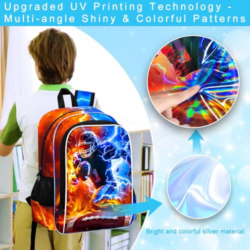 AGSDON 3PCS Boys Backpack for Boys, 17" Kids Bookbag with Lunch Box for Boy,Rugby Flame Thunder Backpacks Water Resistant and Lightweight for Teen - color: Rugby 01