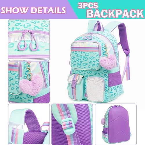 Meetbelify Aesthetic Backpack for Elementary Student with Lunch Box - Cute Bookbag for Girls 8-10 - color: 3pcs Green Love