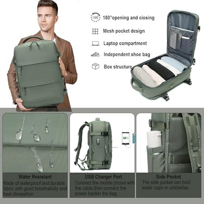 Somago Travel Backpack Carry On Casual Daypacks Rucksack Anti Theft for 15.6 Inch Laptop Business Backpack with Shoe Compartment Dry Wet Pocket USB Charger Port (Army Green) - color: Army Green