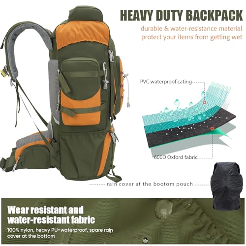 Bseash 70L (65+5) Waterproof Hiking Camping Backpack with Rain Cover, Outdoor Sport Travel Daypack for Climbing Touring (Army Green) - color: Army Green