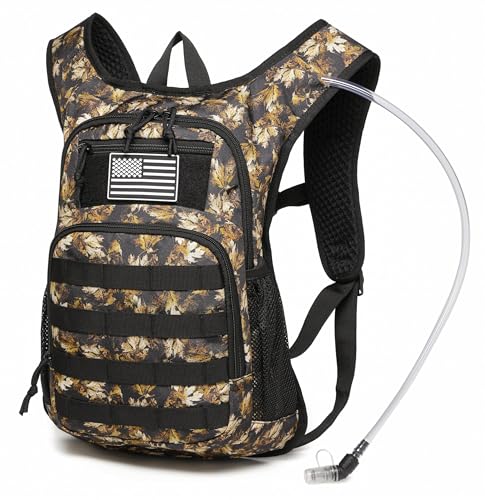 wotony Hydration Backpack with Water Bladder for Hiking Tactical Hydration Pack for Men Women Molle Water Backpack for Hiking - color: yellow maple leaf, size: 3L-Bladder