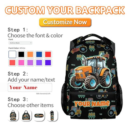 Custom Toddler Tractor Backpack - 17 Inch Kids Boys Construction Backpacks 6-8, Large Capacity Preschool Travel Book Bag for Primary School - color: Orange