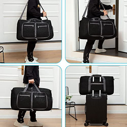 Vomgomfom 65L/85L/115L Foldable Travel Duffle Bag, Lightweight Checked Luggage with Shoe Compartment, Water-Resistant Weekender Overnight Bag for Men & Women - color: Black, size: 115L