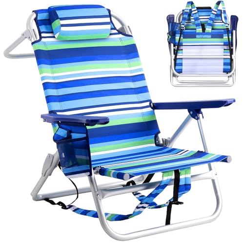 PRETZI Backpack Beach Chairs for Adults - Folding Heavy Duty Camping Chair with Storage Pouch, Cup Holder & Towel Rack, Adjustable Lounge Chair for Outdoor,Travel (1pack /Stripes_Blue&Green) - color: Stripes_blue&green, size: 1 pack