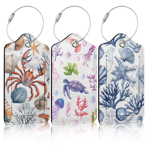 3 Pack Beach Coral Seashells Luggage Tags for Suitcase Crab Turtle PU Leather Travel Luggage Tag Privacy Cover ID Label for Women Men Baggage Backpack Handbag School Bag - color: Beach Coral Seashells