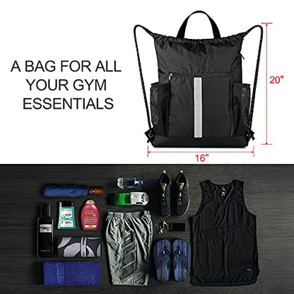 BeeGreen Drawstring Backpack Bag Sports Gym Backpack with Shoe Compartment and Two Water Bottle Holder for Men Women Large String Backpack Athletic Sackpack Workbag Black - color: Black, style: Drawstring With Shoe Compartment