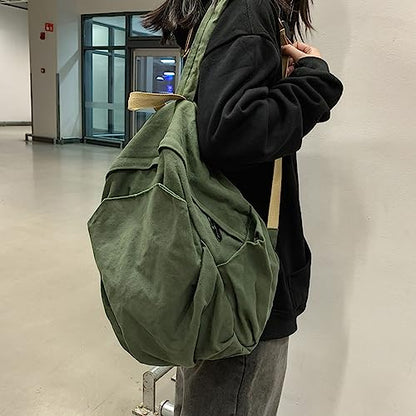 Women's canvas bag, men's and women's large capacity leisure backpack, men's and women's travel backpack (Green,One Size) - color: Green