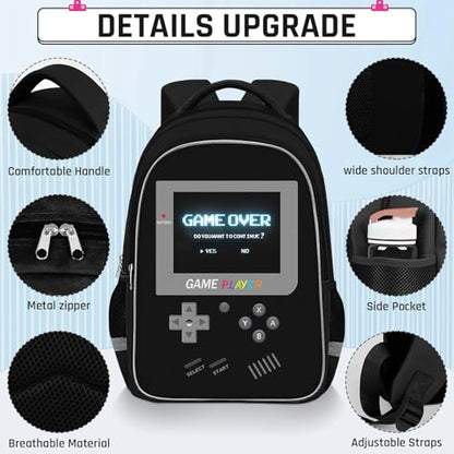 Backpack for School Boys,3pcs Boys Backpack and Lunch Box Set for Elementary Middle School, 17″ Video Game Bookbag for Ages 6-18 Kids Children Teens - color: Game Backpack Set-black
