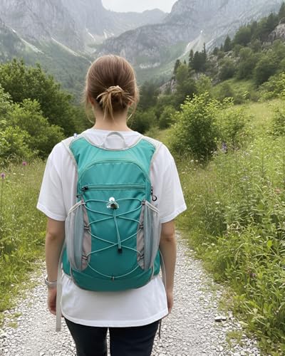 Hydration Backpack with 2L Water Bladder - Lightweight 15L Daypack with Phone-Sized Hip Belt Pockets, Anti-Chafe Cotton Edging & No-Bounce Straps - Small Water Backpack for Hiking, Running, Skiing - color: Emerald green