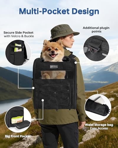 Hiking Dog Carrier Backpack, Padded Height-Enhancing Design, Adjustable Waist Cushioning Belt with Breathable Padded Back Support, Dog Carrier Backpack for Small Dogs Max 13LB Black with Pad - color: Black
