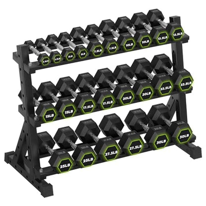 HANDBODE 3-Tier Dumbbell Rack Stand, 1000LB Capacity Storage Rack, Weight Rack for Dumbbells, Kettlebell, 390–700 lb Rubber Coated Fixed Weight Sets, Home Gym Strength Training Equipment - color: 390 lb Set (2.5-30 lb) *2 & Rack