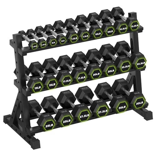 HANDBODE 3-Tier Dumbbell Rack Stand, 1000LB Capacity Storage Rack, Weight Rack for Dumbbells, Kettlebell, 390–700 lb Rubber Coated Fixed Weight Sets, Home Gym Strength Training Equipment - color: 390 lb Set (2.5-30 lb) *2 & Rack