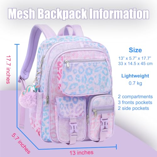 Mesh Backpack for Girls Boys, Heavy Duty Semi-Transparent Mesh Bookbag Womens Mens Mesh Backpacks for School, Sports, Beach, Swimming, Travel Purple Leopard - color: Purple Leopard