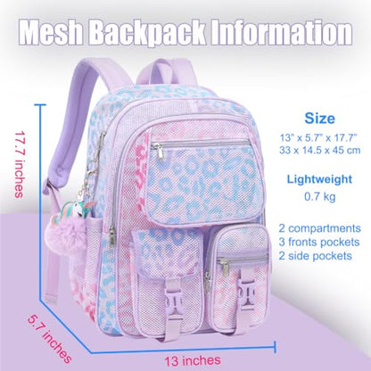 Mesh Backpack for Girls Boys, Heavy Duty Semi-Transparent Mesh Bookbag Womens Mens Mesh Backpacks for School, Sports, Beach, Swimming, Travel Purple Leopard - color: Purple Leopard