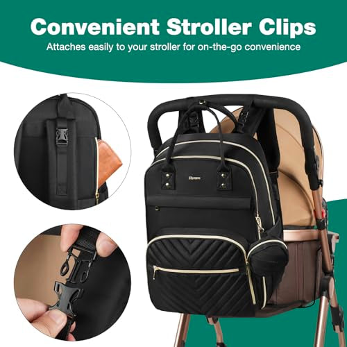 MOMUVO Diaper Bag Backpack, Quilted Baby Bag with Changing Pad and Stroller Straps, Dark Black - color: Dark Black