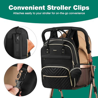 MOMUVO Diaper Bag Backpack, Quilted Baby Bag with Changing Pad and Stroller Straps, Dark Black - color: Dark Black