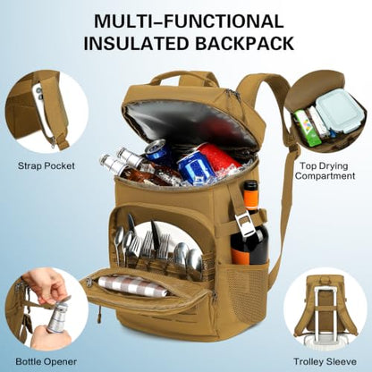 Tactical Cooler Backpack for Men, Double Deck Insulated Cooler Bag 40 Cans, Soft Lunch Backpack with 16H Ice Retention Waterproof Leakproof Picnic Backpack for Work Beach Camping BBQ Hiking - color: Brown