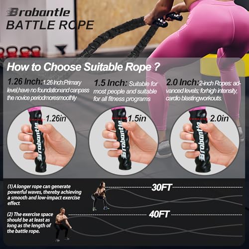Battle Rope 1/1.26/1.5/2 Inch Diameter,Pink 30FT/40FT/50FT Exercise Workout Ropes for Home Gym Heavy Weighted Training Rope for Working Out - style: 1.5 inch 30ft
