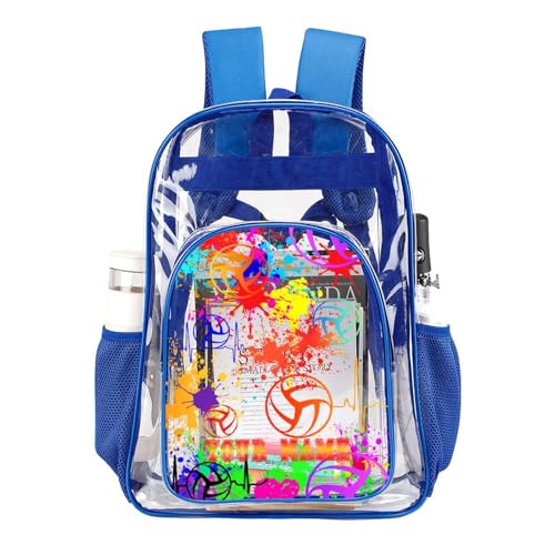 Custom Volleyball Clear Backpack Heavy Duty for Girls Kids Boys | Large Cool PVC Volleyball Theme Printing Transparent Backpacks for Schools Stadium Concerts Work - Clear/Blue - color: Volleyball Clear Backpack 1 Blue With Front Pocket Custom