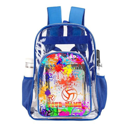 Custom Volleyball Clear Backpack Heavy Duty for Girls Kids Boys | Large Cool PVC Volleyball Theme Printing Transparent Backpacks for Schools Stadium Concerts Work - Clear/Blue - color: Volleyball Clear Backpack 1 Blue With Front Pocket Custom