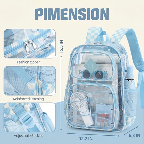 Clear Backpacks for Girls Women, Heavy Duty PVC Transparent Back Pack See Through Boys Kids Clear Bookbags for School - Checkered Sky Blue - color: Checkered Sky Blue