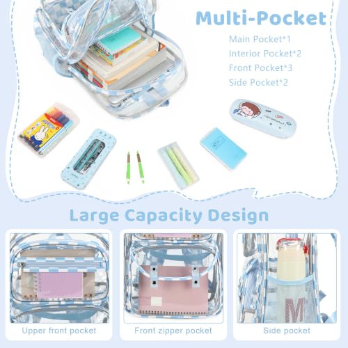 ACESAK Clear Backpack for Girls - 3 Pcs Clear Backpack Heavy Duty with Lunch Bag - See Through Bookbag Stadium Approved for Kids Middle High College School(Blue Checkerboard) - color: Blue Checkerboard