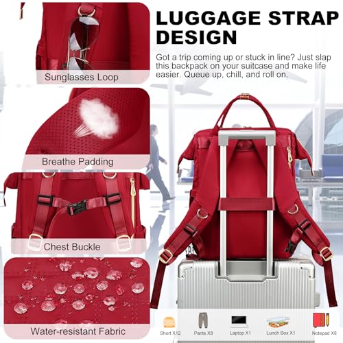 AIJIEKE Lunch Backpack for Women, 15.6 Inch Laptop Backpack with Detachable Insulated Cooler Lunch Box, 2-in-1 Water Resistant Work Computer Bag for Nurse Teacher College Commute, Red - color: Red