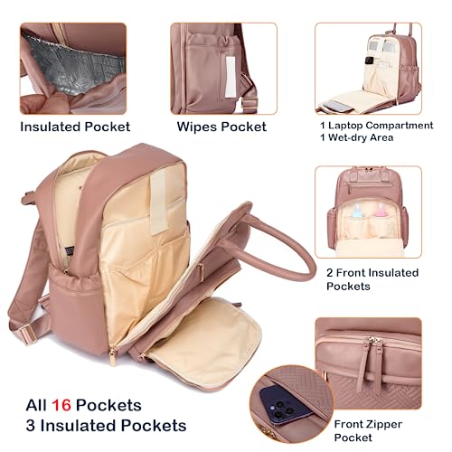 Leather Diaper Bag Backpack for Women with Multiple Pockets,Laptop Compartment and Changing Pad. - color: Purple