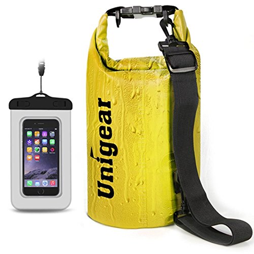 Unigear Dry Bag Waterproof, 2L/5L/10L/20L/30L/40L Floating and Lightweight Bags for Kayaking, Boating, Fishing, Swimming and Camping with Waterproof Phone Case - color: Yellow, size: 5L