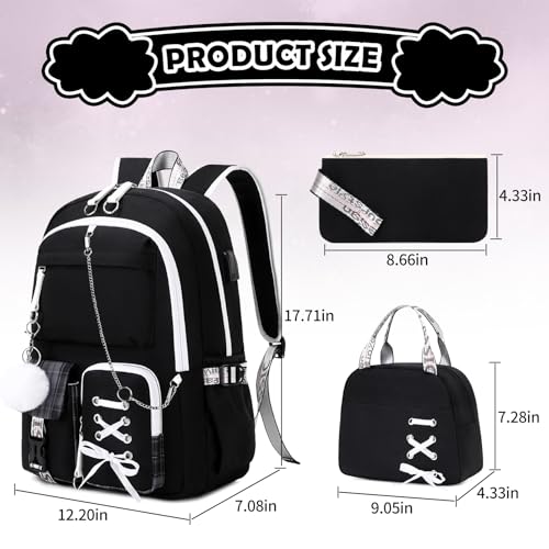 ACESAK Backpacks for Girls, Girls Backpack with Lunch Box and Pencil Case for Teen Kids Elementary Middle High School College Student, Children Backpack Bookbag with USB Charging Port (Black Plaid) - color: Black Plaid With Chain